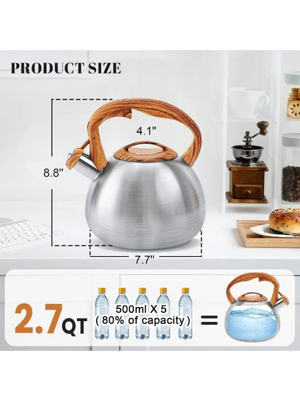 GGC 3.1QT Silver Stainless Steel Whistling Tea Kettles For Kitchen Stove Top